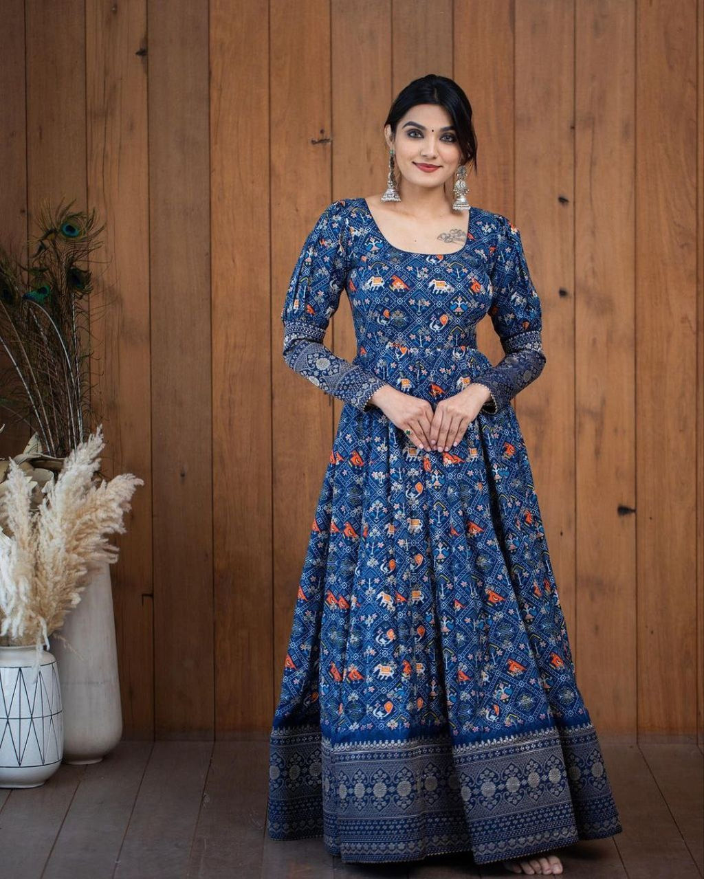 Royal Blue Patola Printed Anarkali Maxi Gown Dress