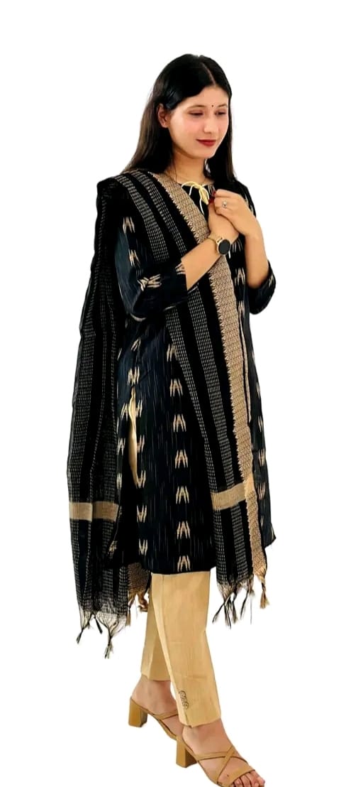Elegant Black Ikat Printed Cotton Kurta Set with Dupatta & Pants
