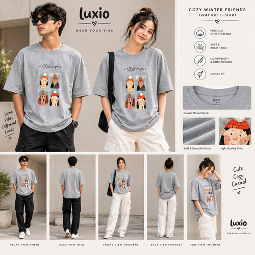 Cozy Winter Friends Graphic Oversized T-Shirt – Cute Unisex Casual Tee