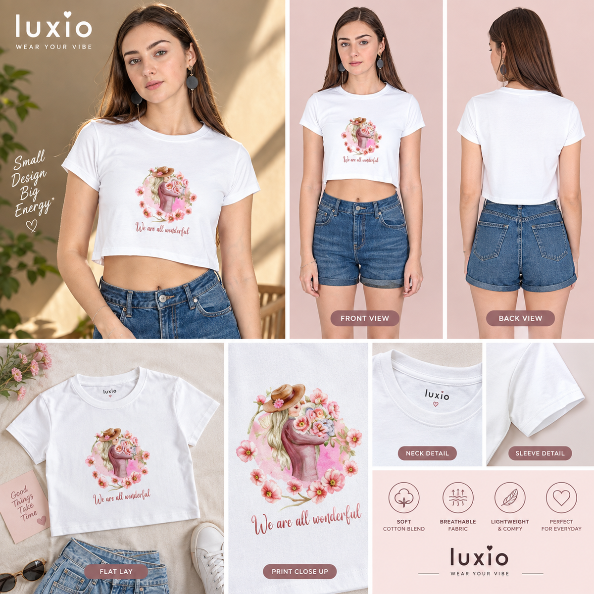 Cute Floral “We Are All Wonderful” Women’s Crop T-Shirt – Pink Aesthetic Tee
