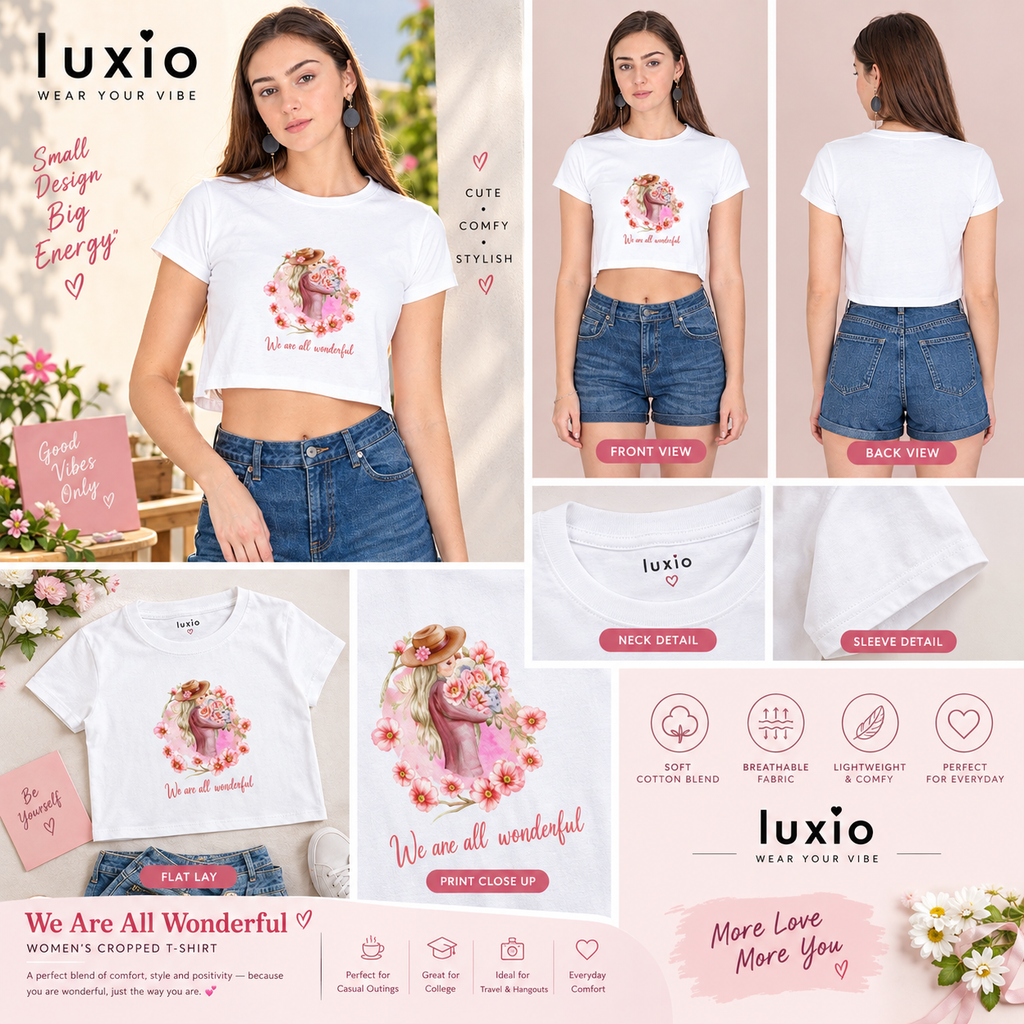 Cute Floral “We Are All Wonderful” Women’s Crop T-Shirt – Pink Aesthetic Tee