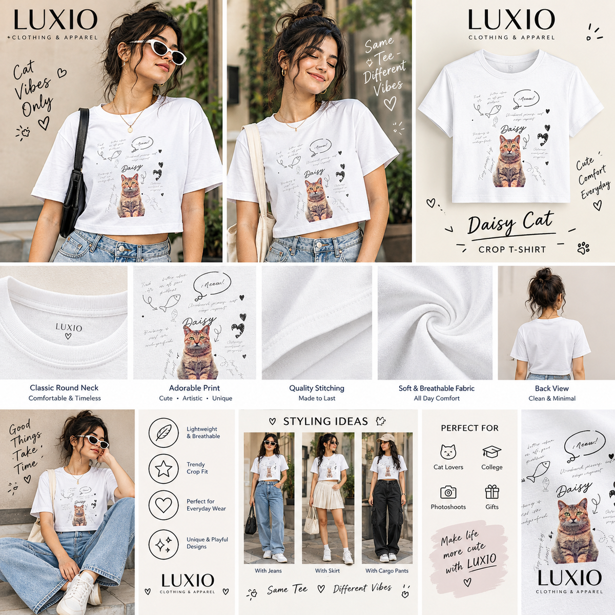 **Daisy Cat Graphic Crop T-Shirt for Women | Cute Cat Aesthetic Tee | White | LUXIO**