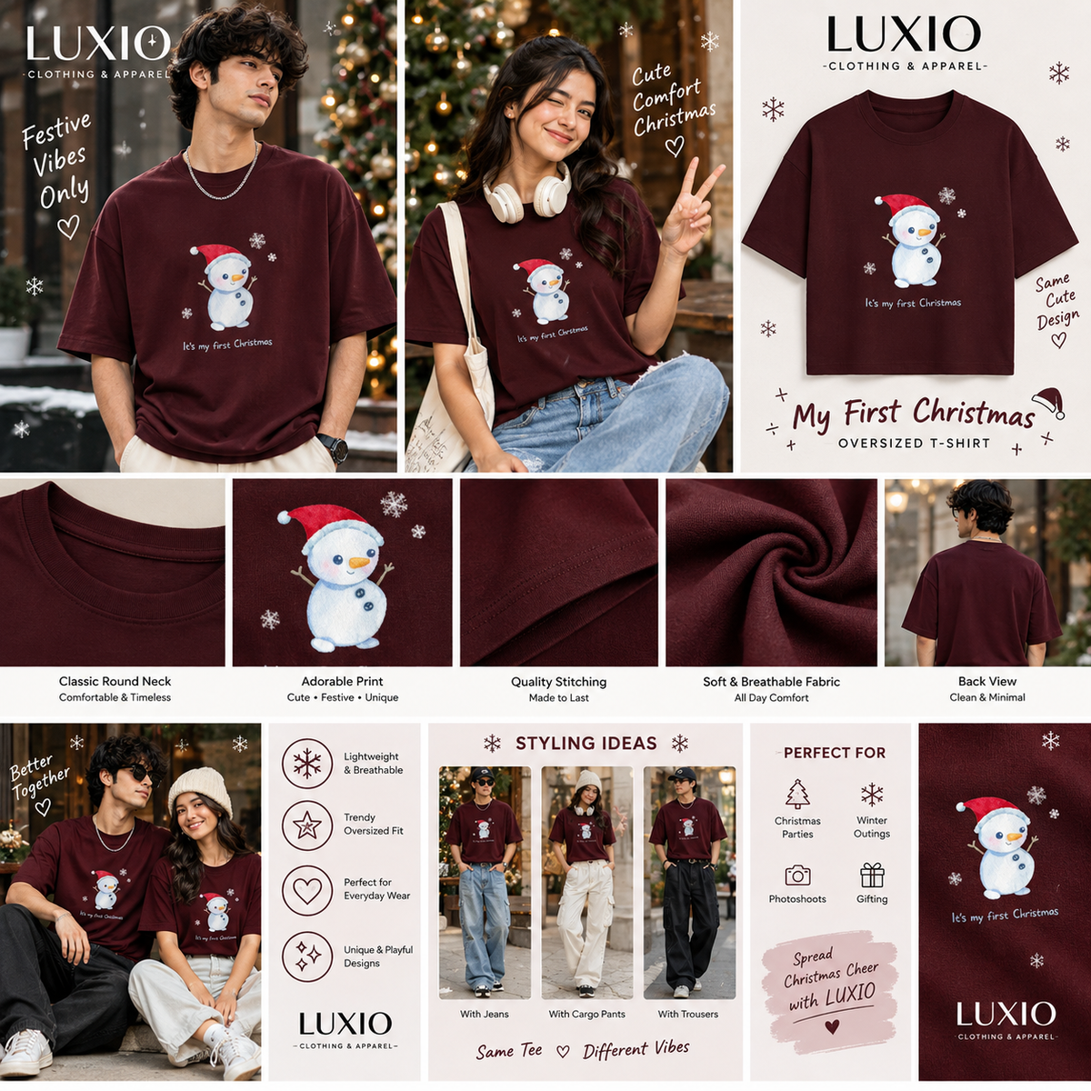 Men's Oversized Christmas Snowman T-Shirt | My First Christmas | Burgundy Graphic Tee | LUXIO