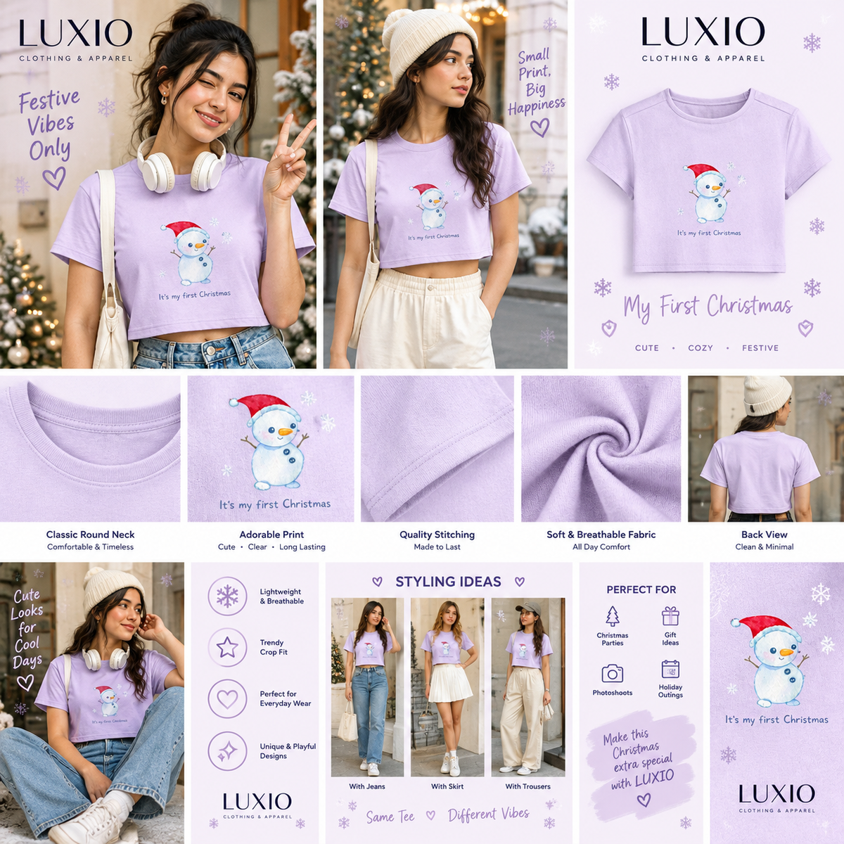 Cute Snowman Christmas Pink Crop T-Shirt for Women | My First Christmas ❄️ | LUXIO