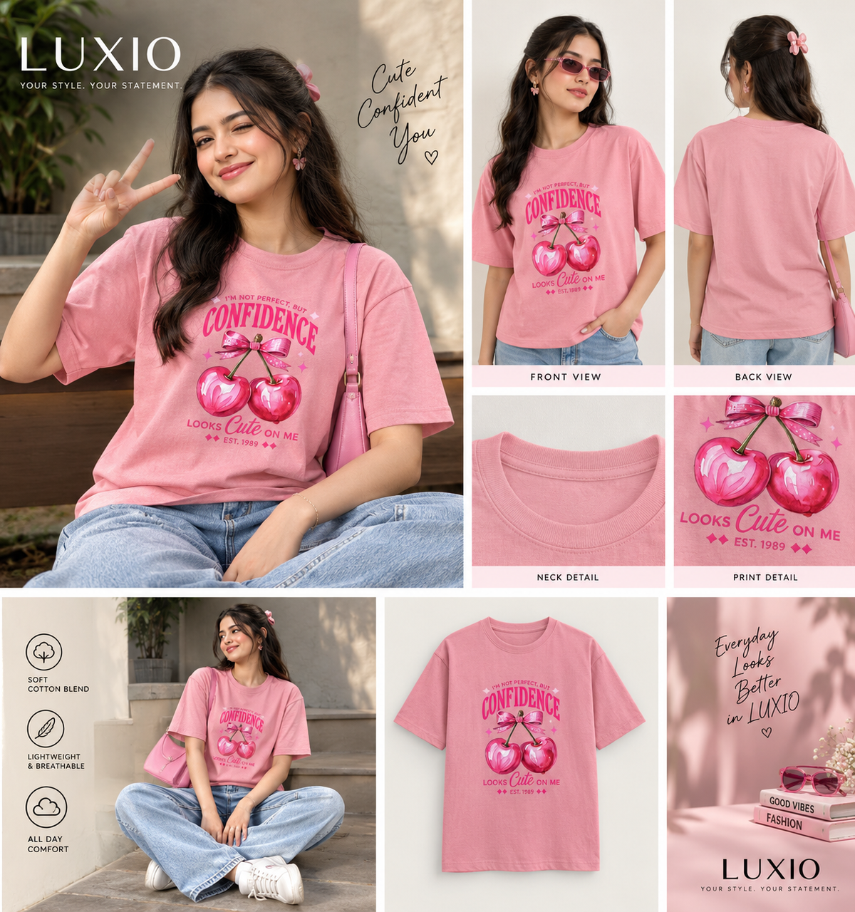 LUXIO Confidence Looks Cute Regular Fit T-Shirt – Pink