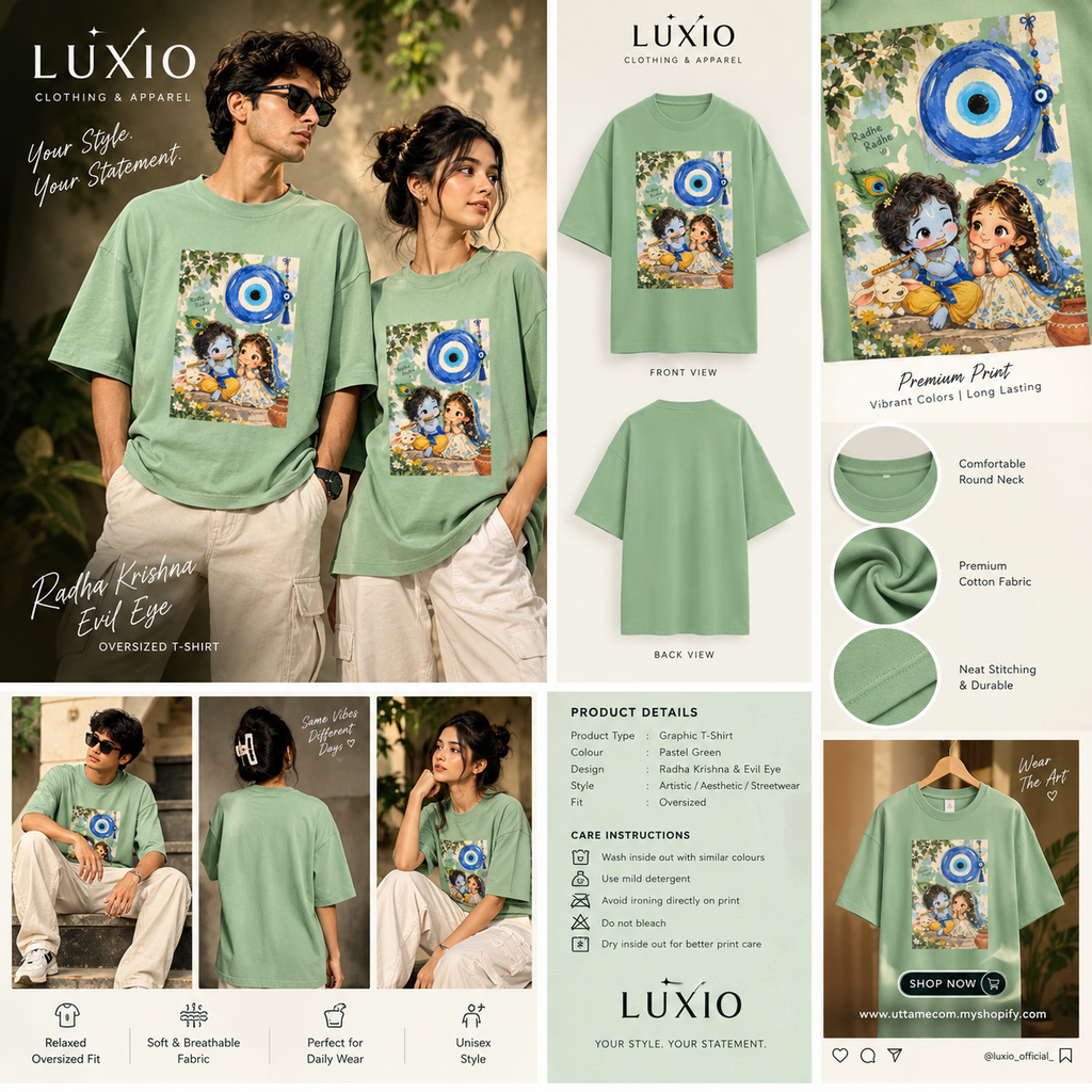Radha Krishna Evil Eye Oversized T-Shirt – Pastel Green | LUXIO