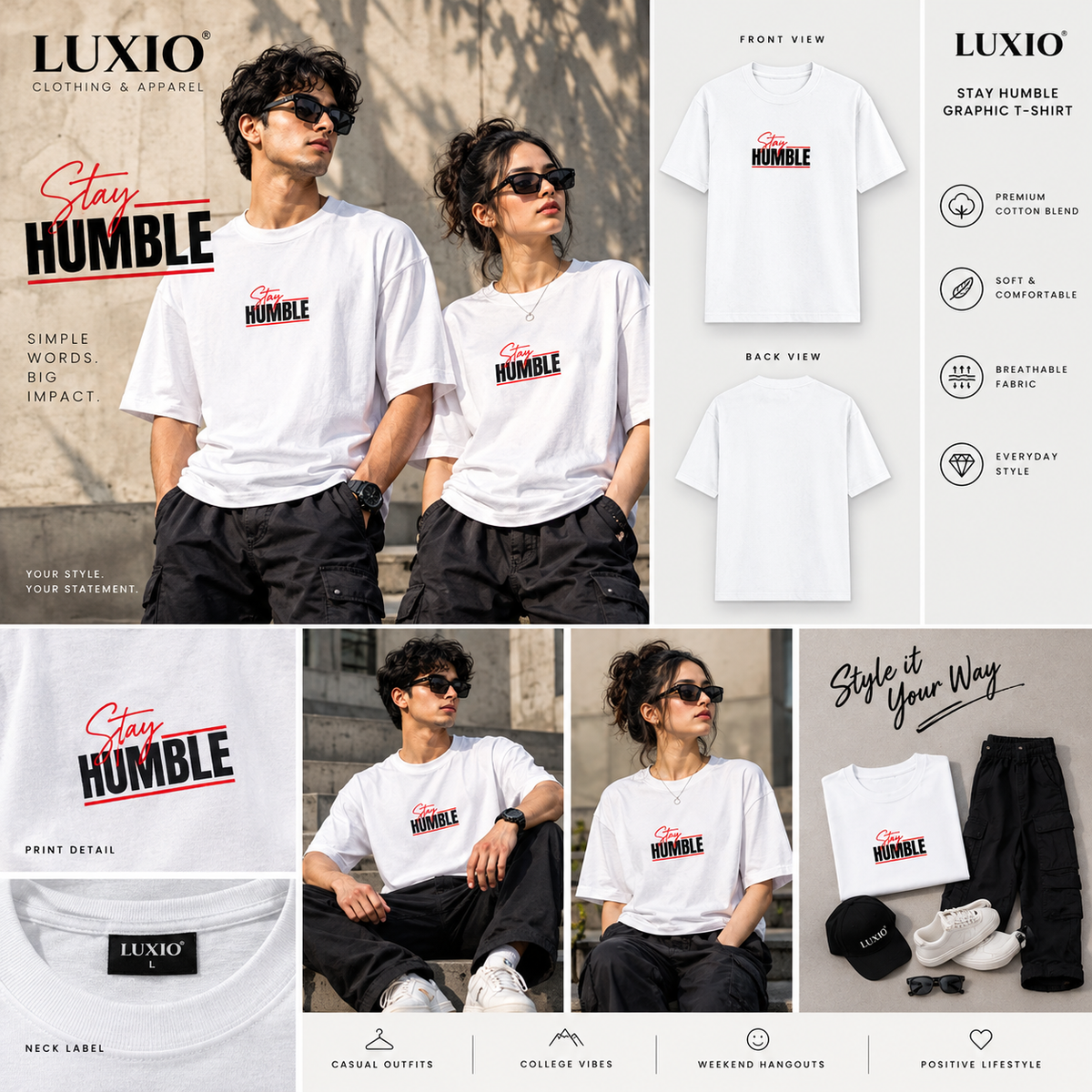 LUXIO Stay Humble Graphic T-Shirt – White
