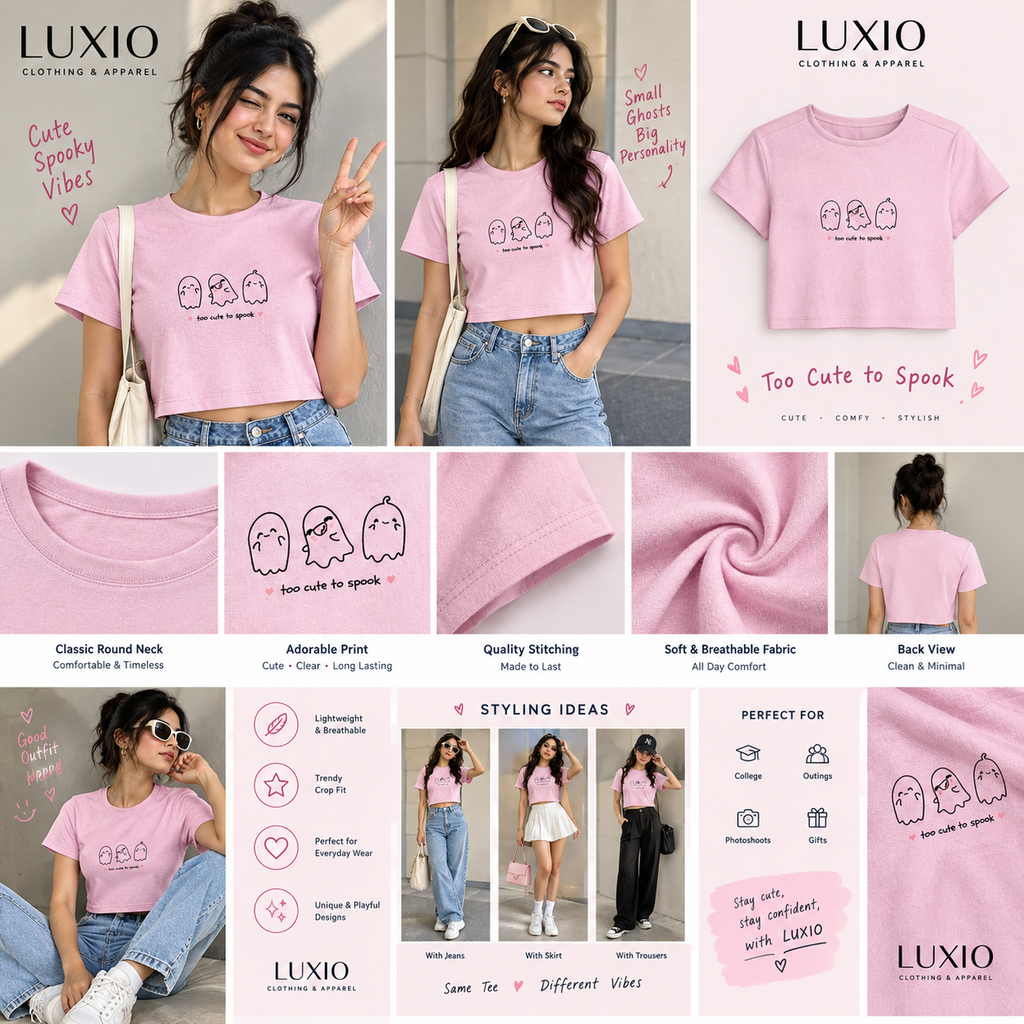 **Cute Ghosts Pink Crop T-Shirt for Women | Too Cute to Spook 👻🩷 | LUXIO**