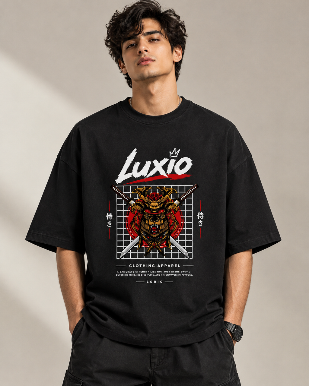 LUXIO "Samurai Bear" Anime Graphic Print Oversized Premium Cotton T-Shirt