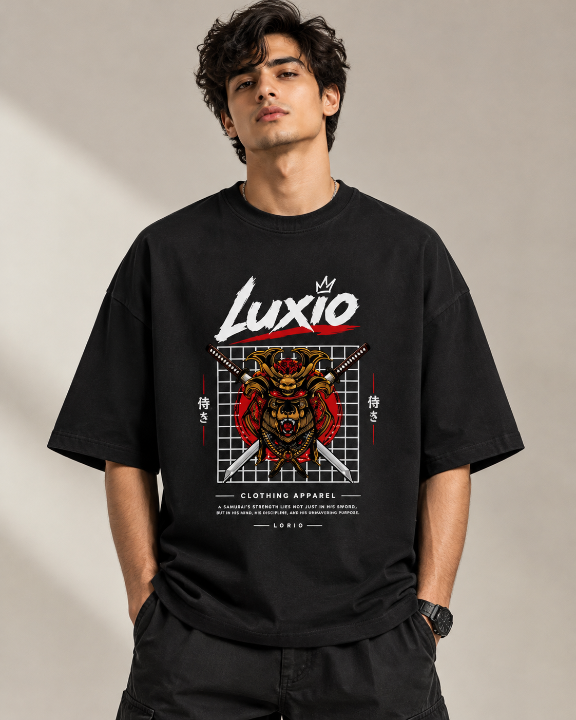 LUXIO "Samurai Bear" Anime Graphic Print Oversized Premium Cotton T-Shirt
