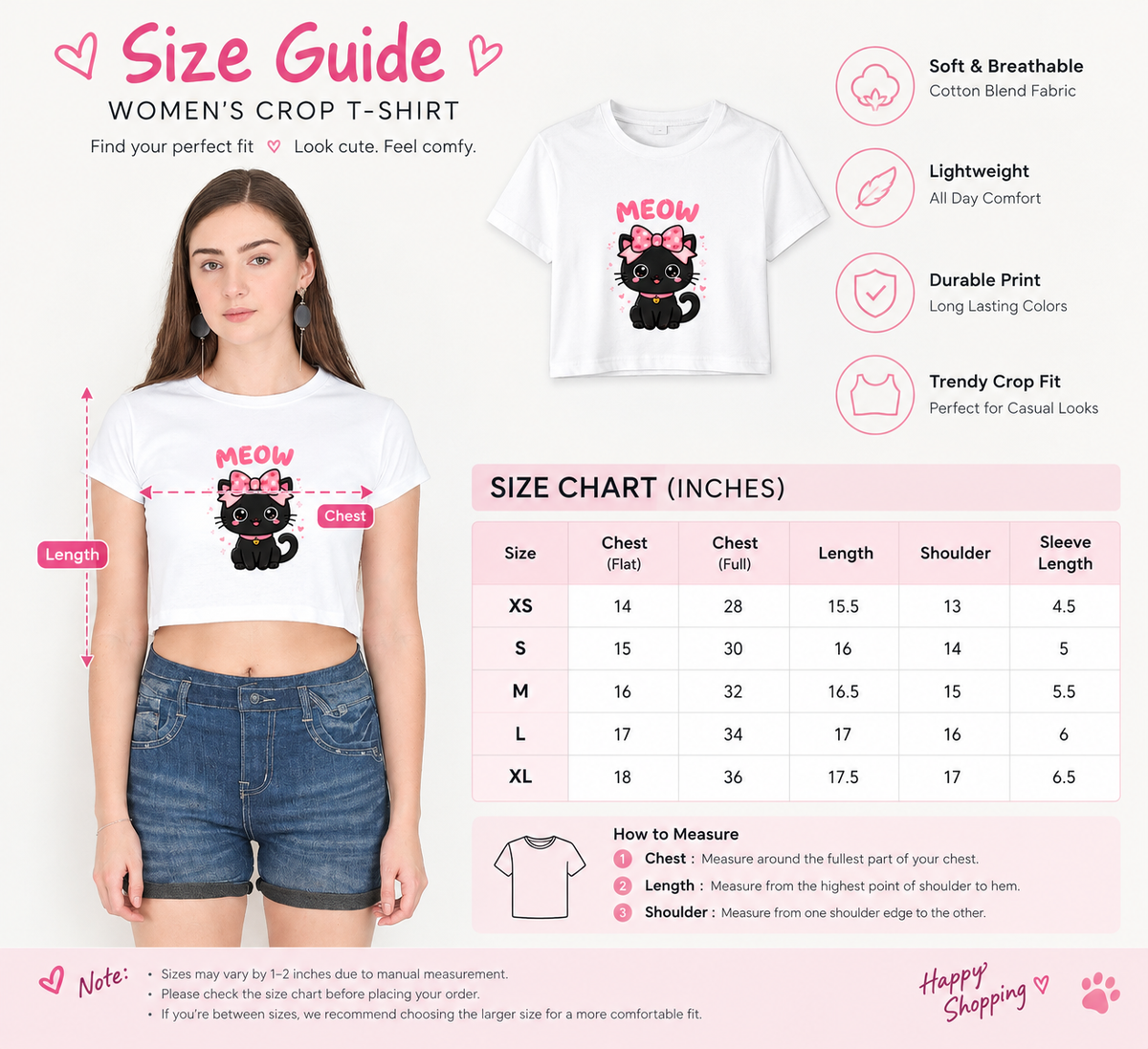 Cute Meow Cat Crop T-Shirt for Girls | Adorable Pink Bow Graphic Tee