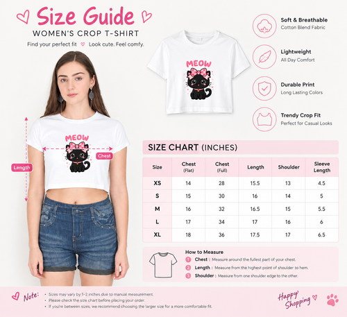 Cute Meow Cat Crop T-Shirt for Girls | Adorable Pink Bow Graphic Tee