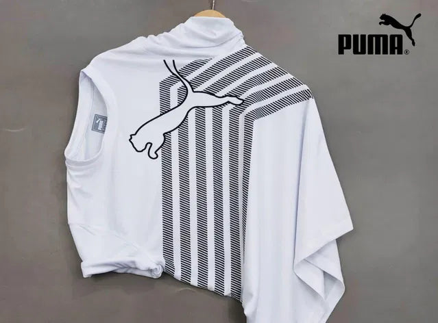 Puma Men's Graphic Track Tee – Premium White & Black Curved Striped Sportswear