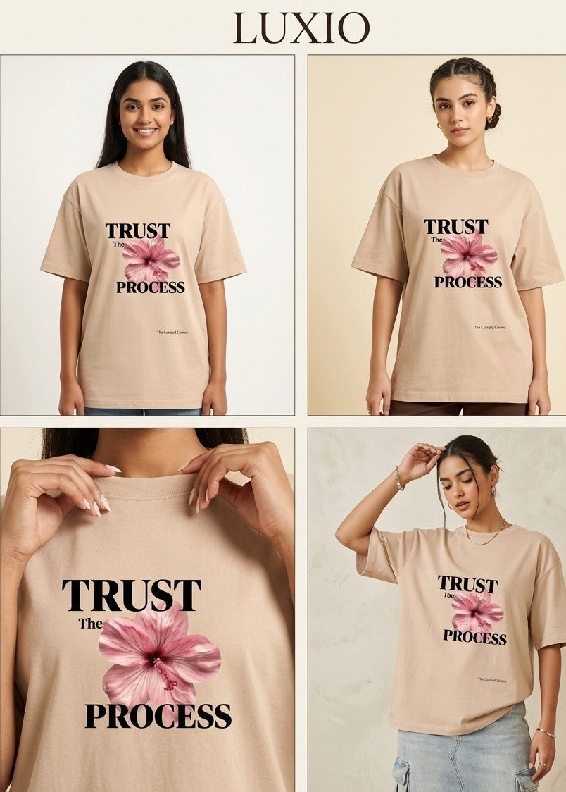 LUXIO Trust The Process Hibiscus Floral Beige Oversized T-Shirt