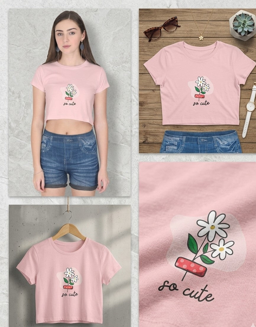 So Cute Floral Graphic Crop T-Shirt for Women – Pink Cute Daisy Tee