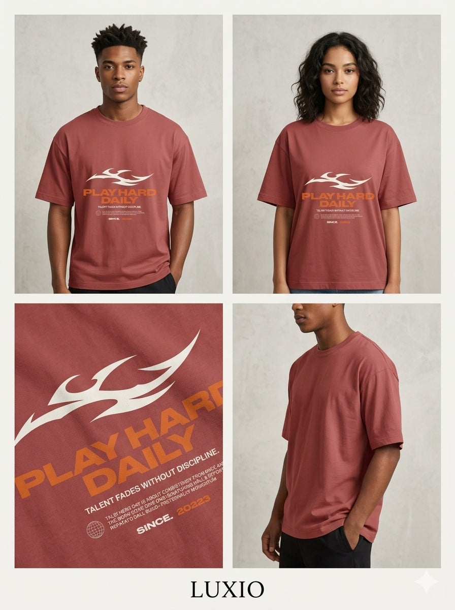 LUXIO Play Hard Daily Oversized Graphic T-Shirt – Rust Red Unisex Streetwear