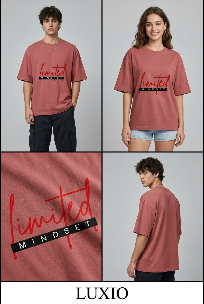 LUXIO Men & Women "Limited Mindset" Oversized Graphic Print T-Shirt – Dusty Rose Premium Heavyweight Cotton Tee