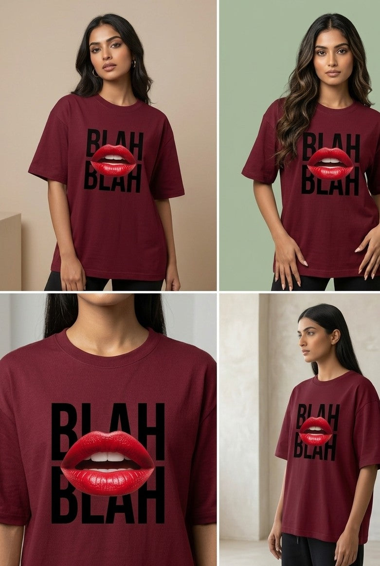 LUXIO "Blah Blah" Graphic Print Maroon Oversized T-Shirt