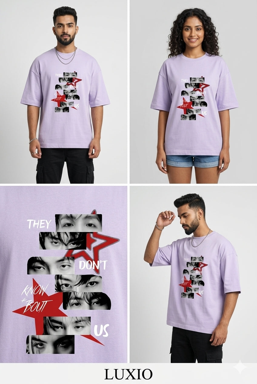 LUXIO Unisex "They Don't Know" Cyber Y2K Oversized T-Shirt – Premium Lilac Purple Drop-Shoulder Graphic Tee