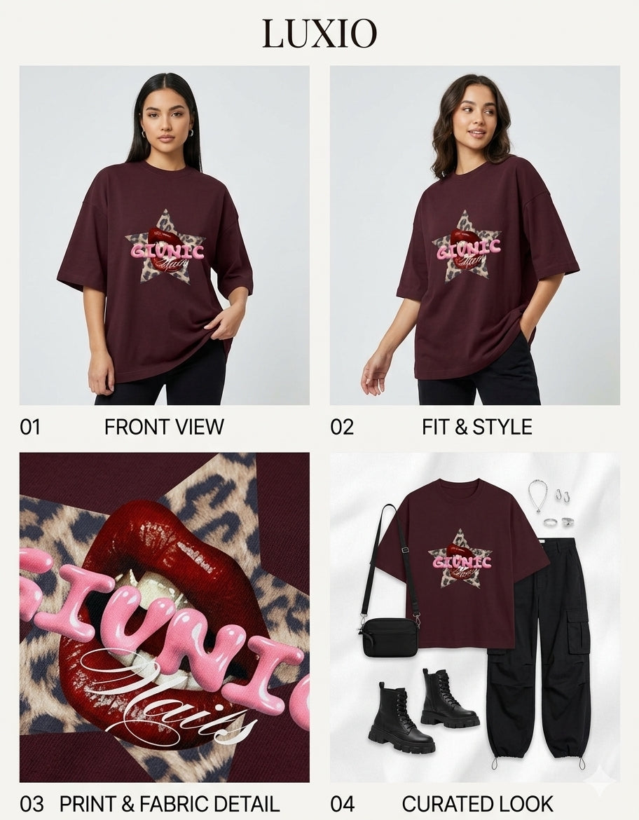 LUXIO Y2K Grunge Leopard Star Graphic Maroon Oversized T-Shirt