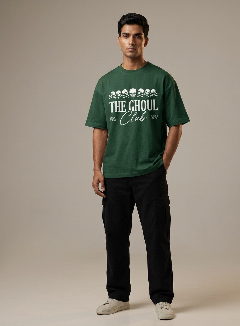 LUXIO Men's Bottle Green The Ghoul Club Oversized Graphic Printed T-Shirt