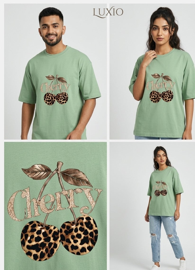 LUXIO Cherry Leopard Print Oversized T-Shirt – Sage Green
